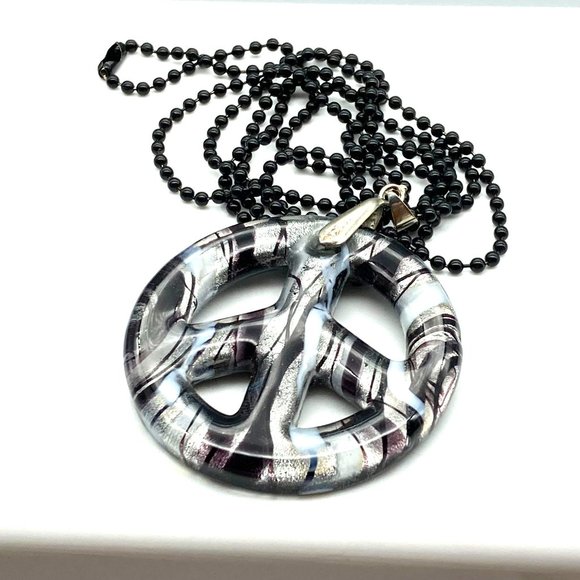 Dichroic Art Glass Peace Sign Pendant, Black White and Silver Swirl on Black - Picture 4 of 7